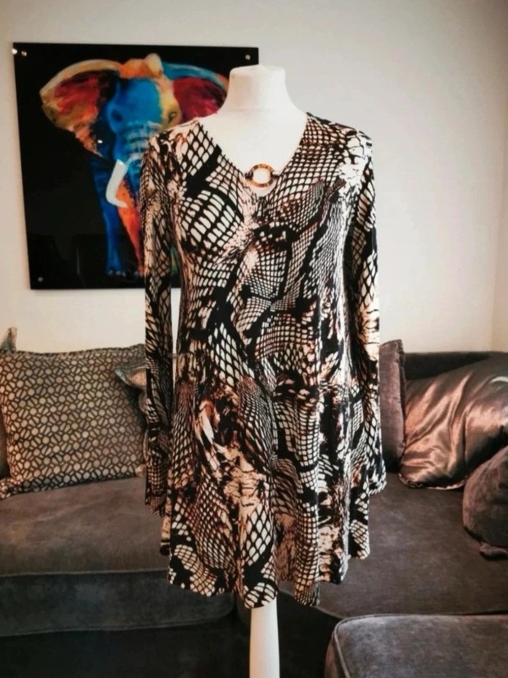 Black & Cream Abstract Print Maxi Dress with Ring Accent